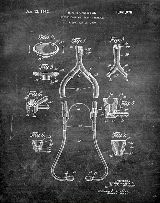 An image of a(n) Stethoscope 1932 - Patent Art Print - Chalkboard.