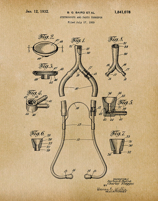 An image of a(n) Stethoscope 1932 - Patent Art Print - Parchment.