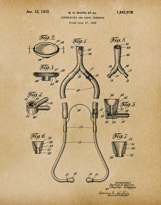 An image of a(n) Stethoscope 1932 - Patent Art Print - Parchment.