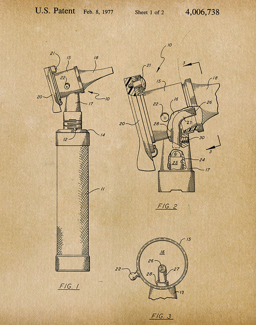 An image of a(n) Otoscope 1977 - Patent Art Print - Parchment.
