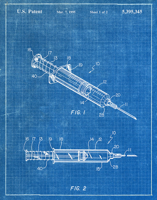 An image of a(n) Syringe 1995 - Patent Art Print - Blueprint.