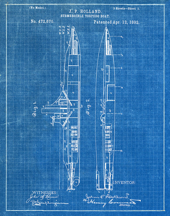 An image of a(n) Submarine 1892 - Patent Art Print - Blueprint.