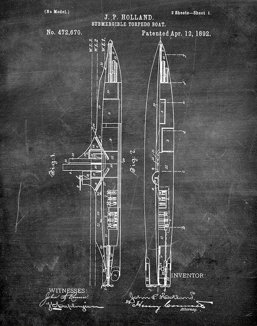 An image of a(n) Submarine 1892 - Patent Art Print - Chalkboard.