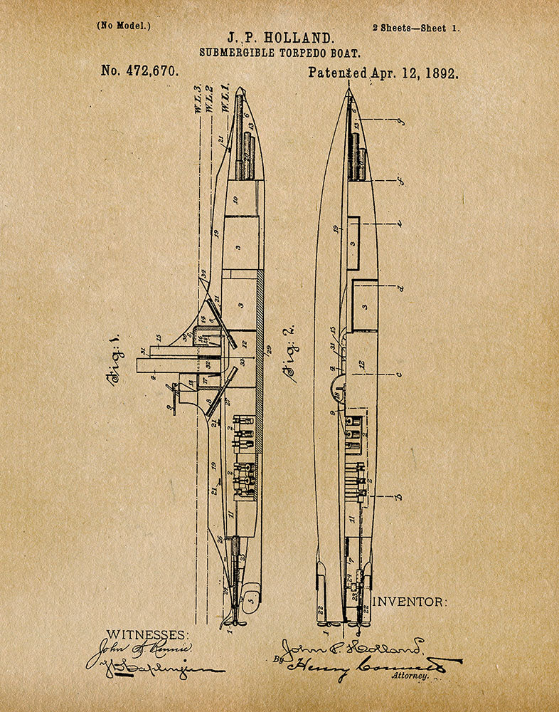 Submarine 1892 - Patent Art Print - Parchment — Fresh Prints of CT