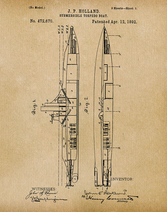 An image of a(n) Submarine 1892 - Patent Art Print - Parchment.