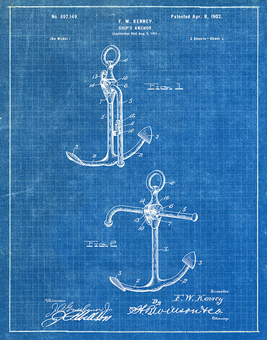 An image of a(n) Ship Anchor 1902 - Patent Art Print - Blueprint.