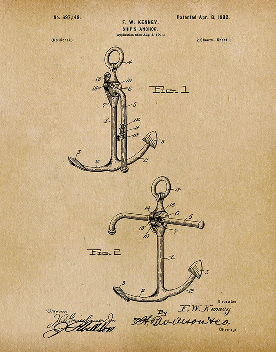 An image of a(n) Ship Anchor 1902 - Patent Art Print - Parchment.