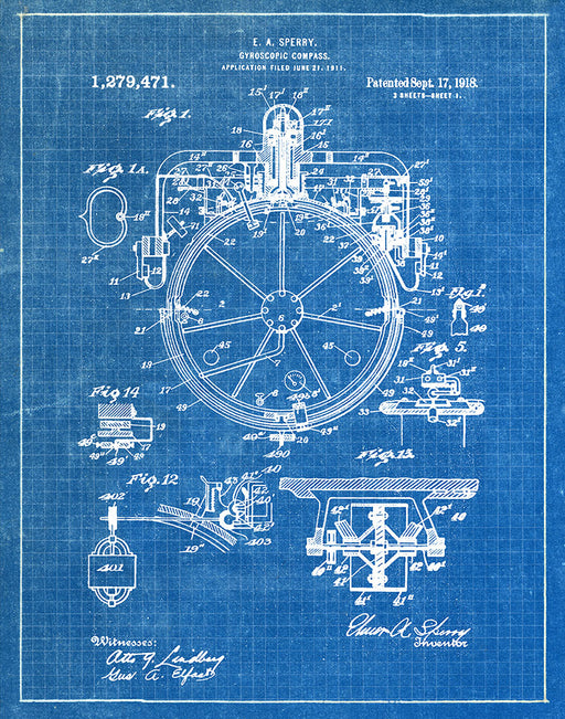 An image of a(n) Compass 1918 - Patent Art Print - Blueprint.