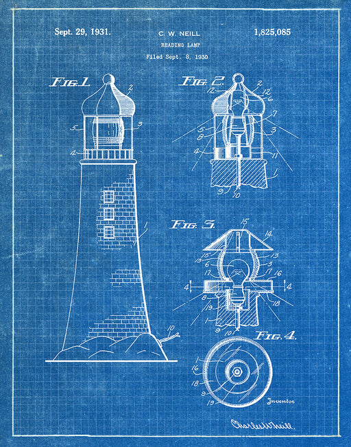 An image of a(n) Lighthouse Lamp 1930 - Patent Art Print - Blueprint.
