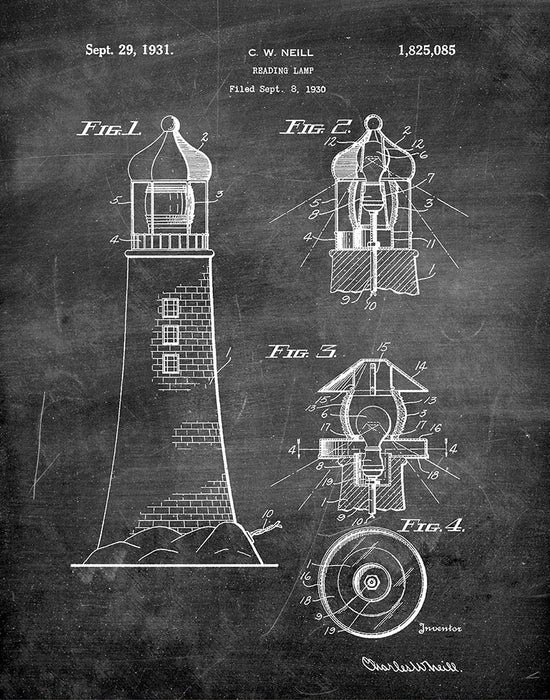 An image of a(n) Lighthouse Lamp 1930 - Patent Art Print - Chalkboard.