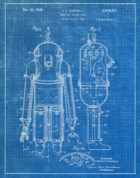 An image of a(n) Deep Sea Diving Suit 1935 - Patent Art Print - Blueprint.