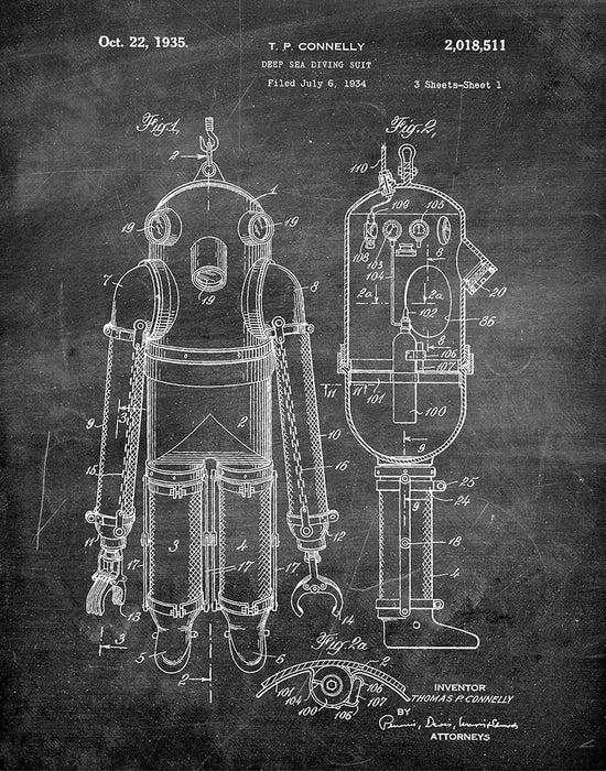 An image of a(n) Deep Sea Diving Suit 1935 - Patent Art Print - Chalkboard.