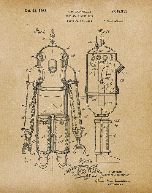 An image of a(n) Deep Sea Diving Suit 1935 - Patent Art Print - Parchment.