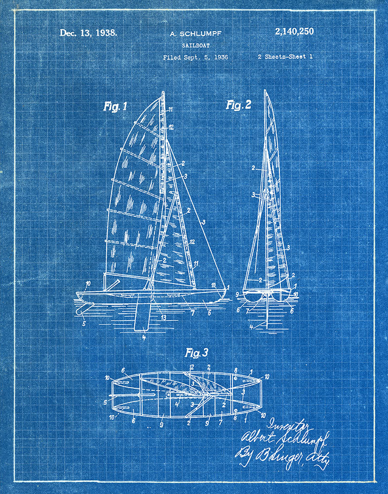 Sailboat 1938 - Patent Art Print - Blueprint — Fresh Prints of CT