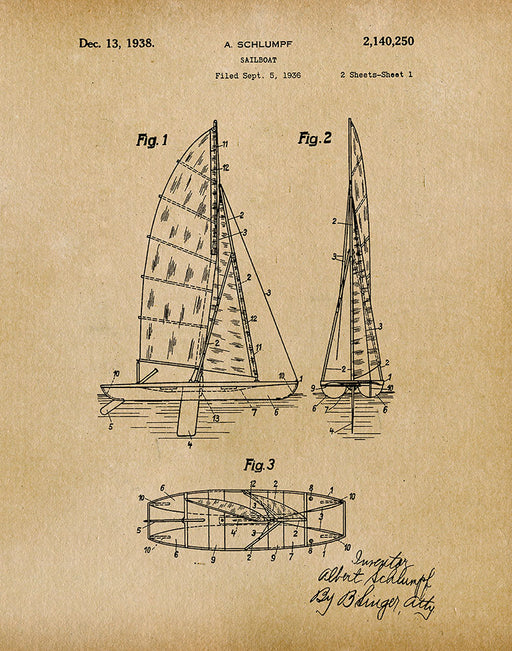 An image of a(n) Sailboat 1938 - Patent Art Print - Parchment.