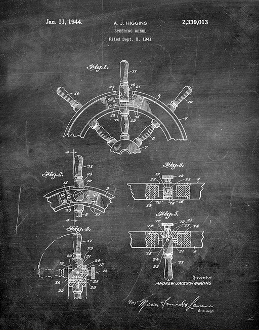 An image of a(n) Ship Steering Wheel 1944 - Patent Art Print - Chalkboard.