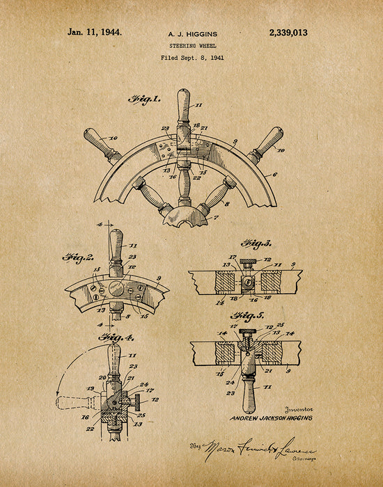 An image of a(n) Ship Steering Wheel 1944 - Patent Art Print - Parchment.