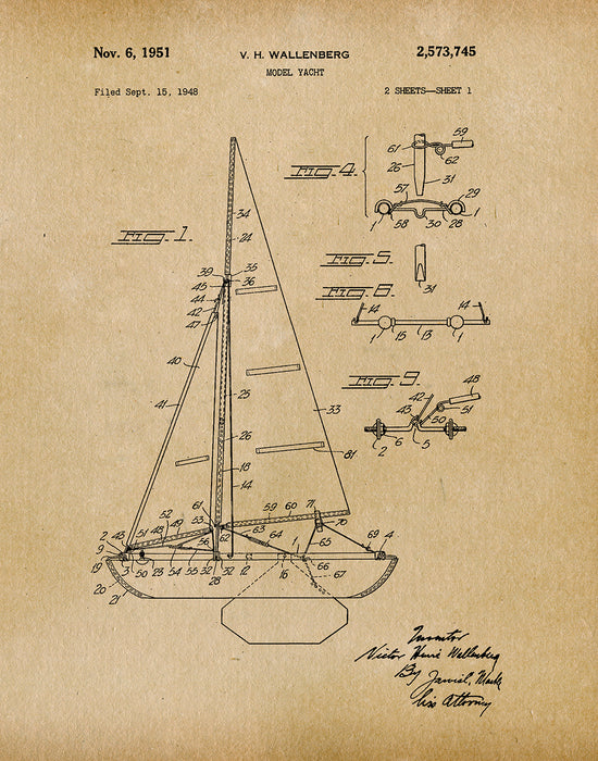 An image of a(n) Yacht 1951 - Patent Art Print - Parchment.