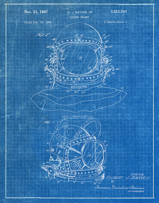An image of a(n) Diving Helmet 1967 - Patent Art Print - Blueprint.