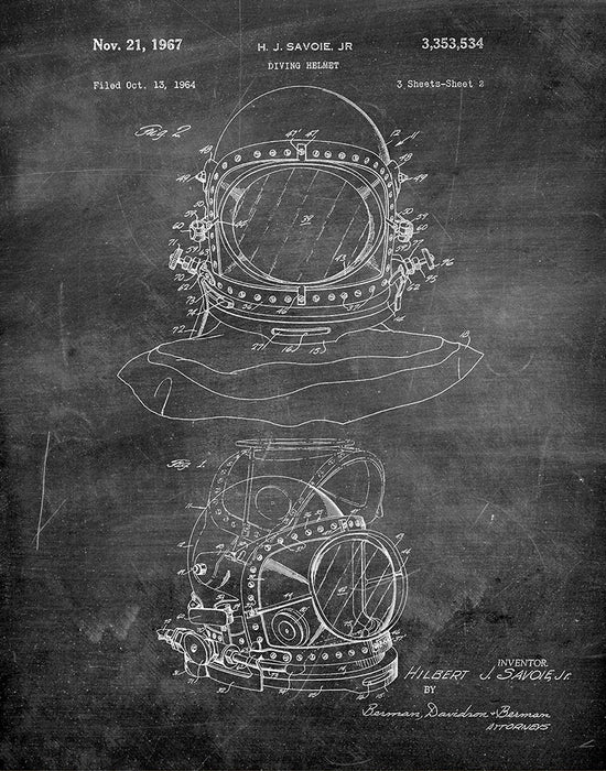An image of a(n) Diving Helmet 1967 - Patent Art Print - Chalkboard.