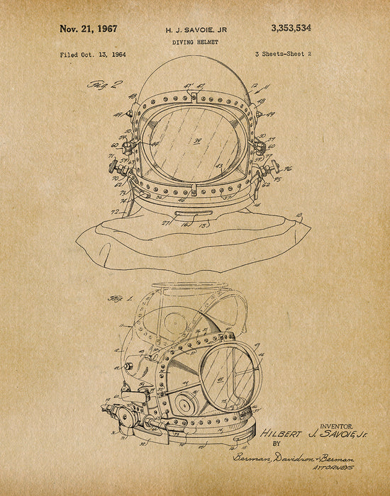 An image of a(n) Diving Helmet 1967 - Patent Art Print - Parchment.