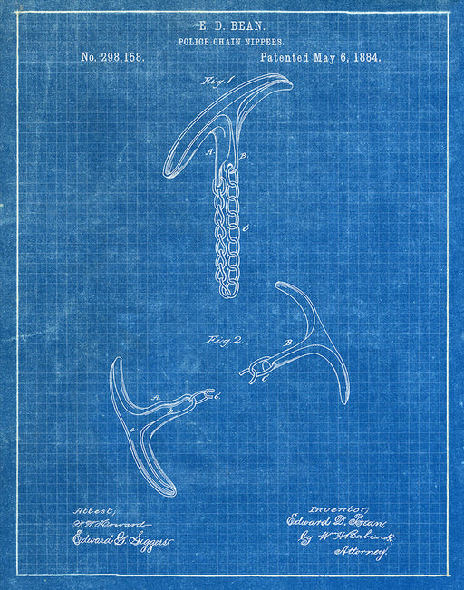 An image of a(n) Police Chain Nippers 1884 - Patent Art Print - Blueprint.