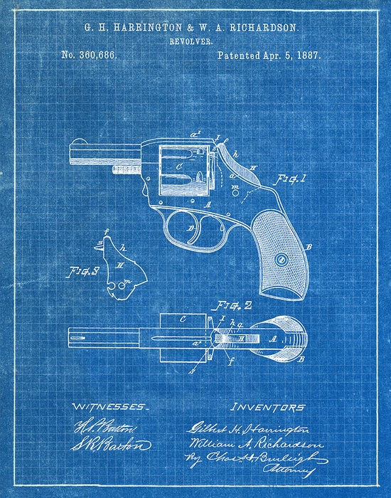An image of a(n) Police Revolver 1887 - Patent Art Print - Blueprint.