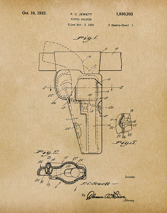 An image of a(n) Pistol Holster 1933 - Patent Art Print - Parchment.