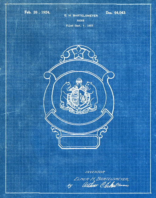 An image of a(n) Police Badge 1924 - Patent Art Print - Blueprint.