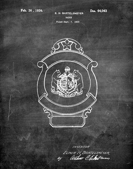 An image of a(n) Police Badge 1924 - Patent Art Print - Chalkboard.