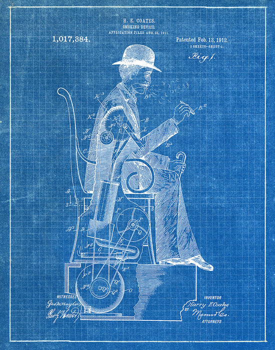 An image of a(n) Smoking Man 1912 - Patent Art Print - Blueprint.