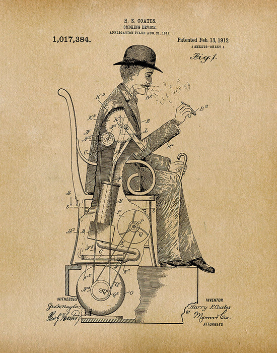An image of a(n) Smoking Man 1912 - Patent Art Print - Parchment.