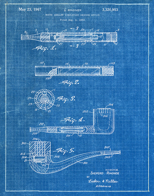 An image of a(n) Smoking Device 1967 - Patent Art Print - Blueprint.