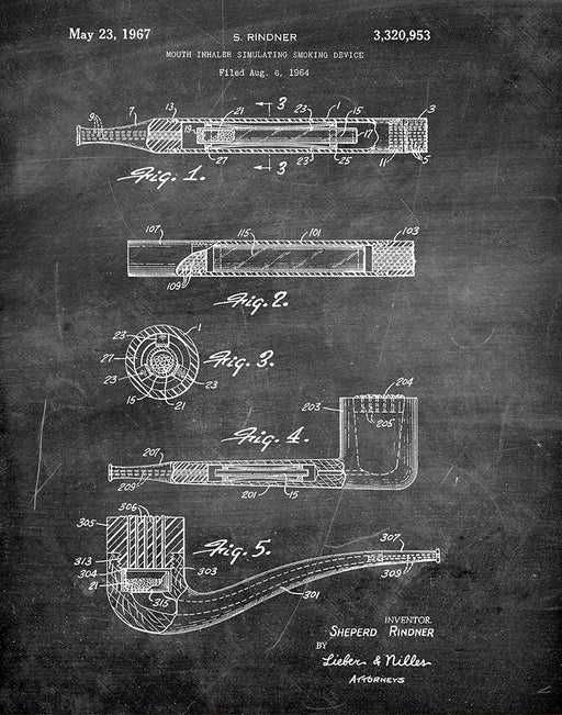 An image of a(n) Smoking Device 1967 - Patent Art Print - Chalkboard.