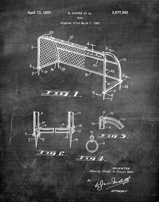 An image of a(n) Soccer Goal 1937 - Patent Art Print - Chalkboard.