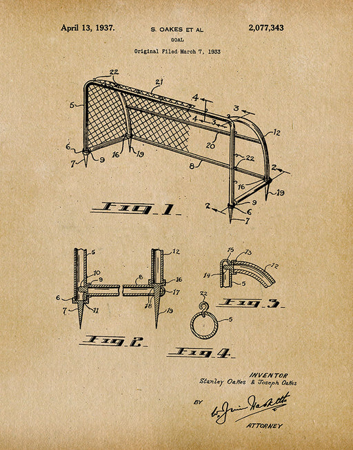 An image of a(n) Soccer Goal 1937 - Patent Art Print - Parchment.