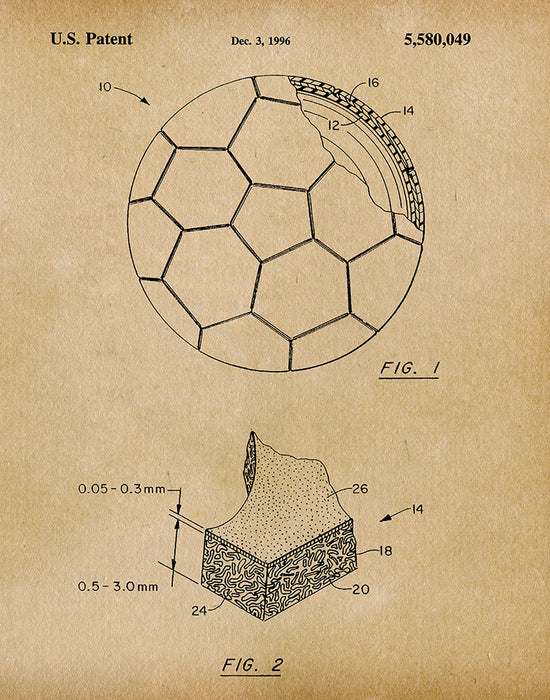 An image of a(n) Soccer ball 1996 - Patent Art Print - Parchment.