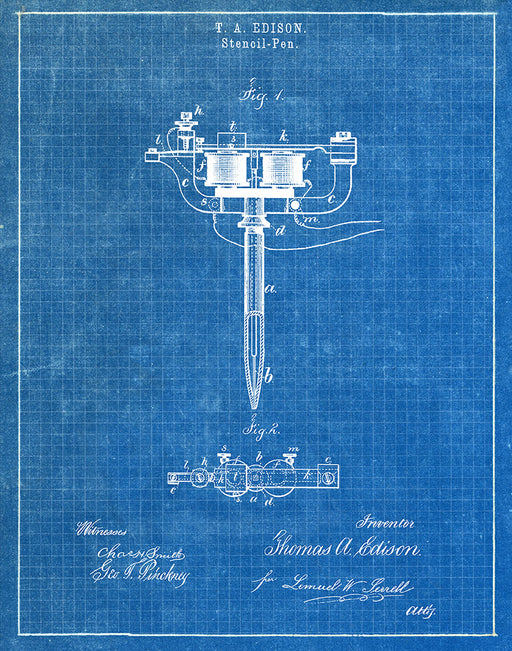 An image of a(n) Stencil Pen Tattoos 1877 - Patent Art Print - Blueprint.