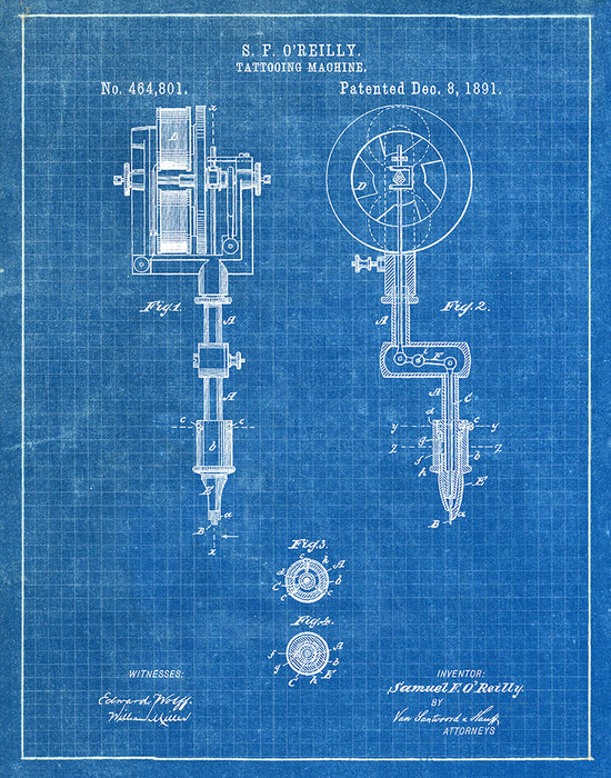 An image of a(n) Tattooing Machine 1891 - Patent Art Print - Blueprint.