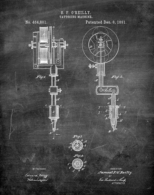An image of a(n) Tattooing Machine 1891 - Patent Art Print - Chalkboard.