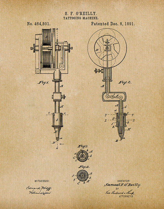 An image of a(n) Tattooing Machine 1891 - Patent Art Print - Parchment.
