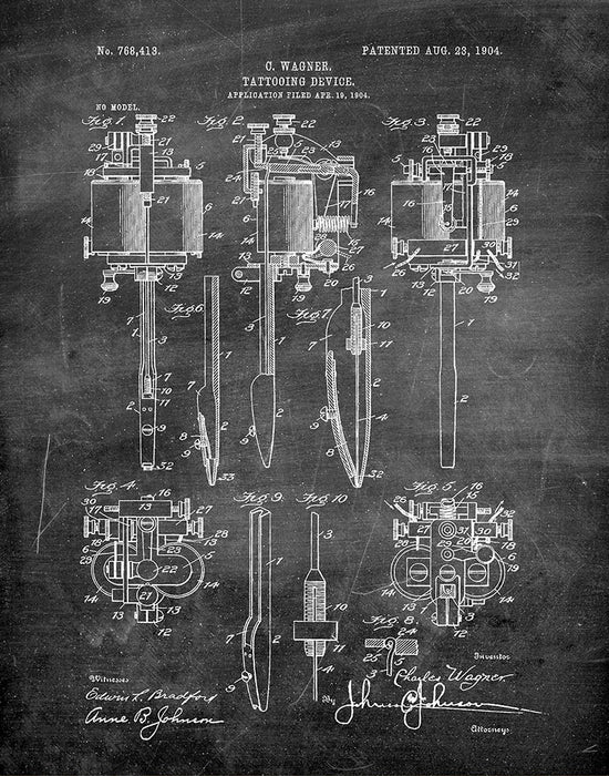 An image of a(n) Tattooing Device 1904 - Patent Art Print - Chalkboard.