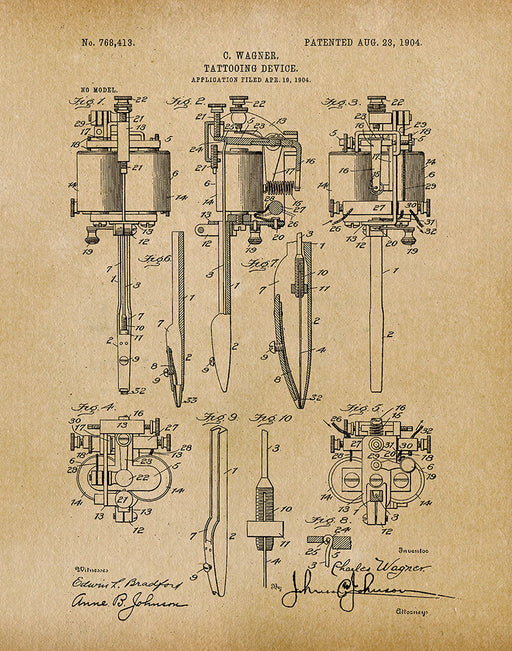 An image of a(n) Tattooing Device 1904 - Patent Art Print - Parchment.