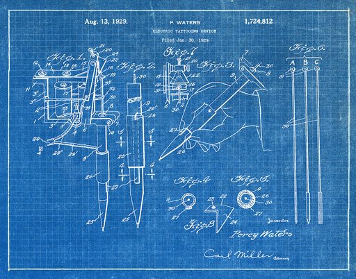 An image of a(n) Electric Tattooing Machine 1929 - Patent Art Print - Blueprint.