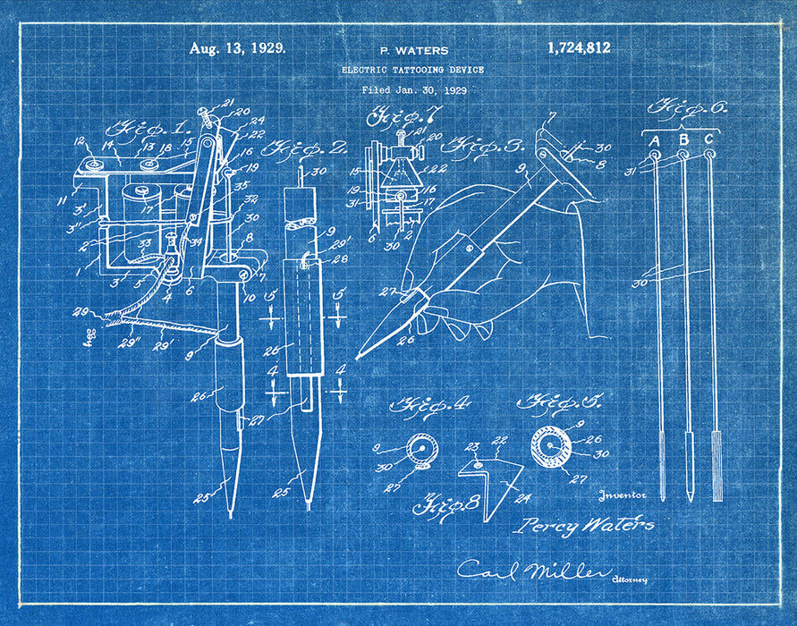 An image of a(n) Electric Tattooing Machine 1929 - Patent Art Print - Blueprint.