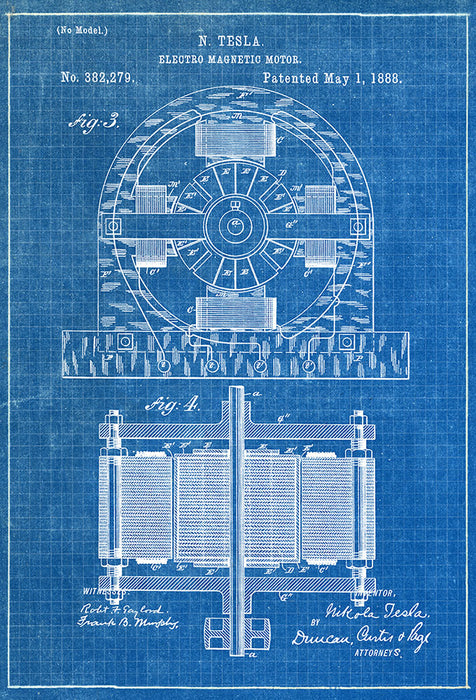 An image of a(n) Electro Magnetic Motor Tesla 1888 - Patent Art Print - Blueprint.