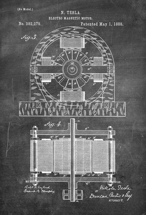 An image of a(n) Electro Magnetic Motor Tesla 1888 - Patent Art Print - Chalkboard.