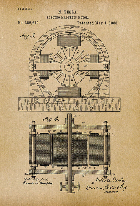 An image of a(n) Electro Magnetic Motor Tesla 1888 - Patent Art Print - Parchment.