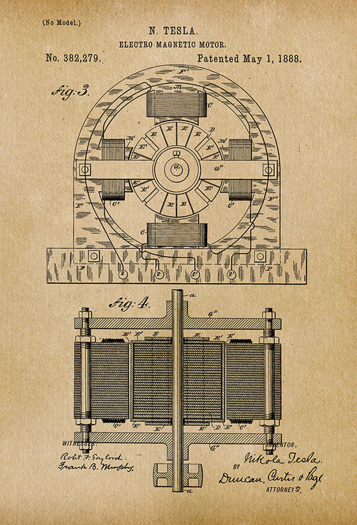 An image of a(n) Electro Magnetic Motor Tesla 1888 - Patent Art Print - Parchment.