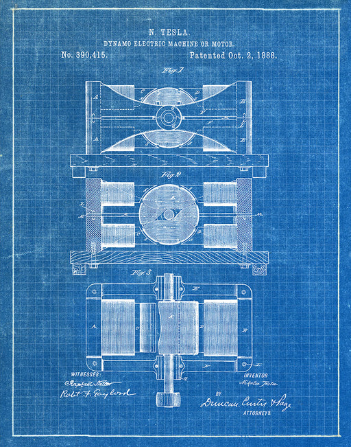 An image of a(n) Dynamo Machine Tesla 1888 - Patent Art Print - Blueprint.